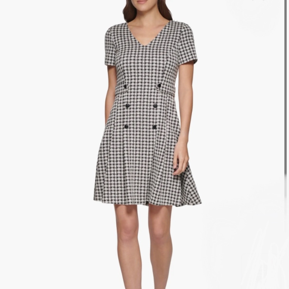 DKNY Double Breasted Black Ivory Checkered Short Sleeve Fit & Flare Dress NWT